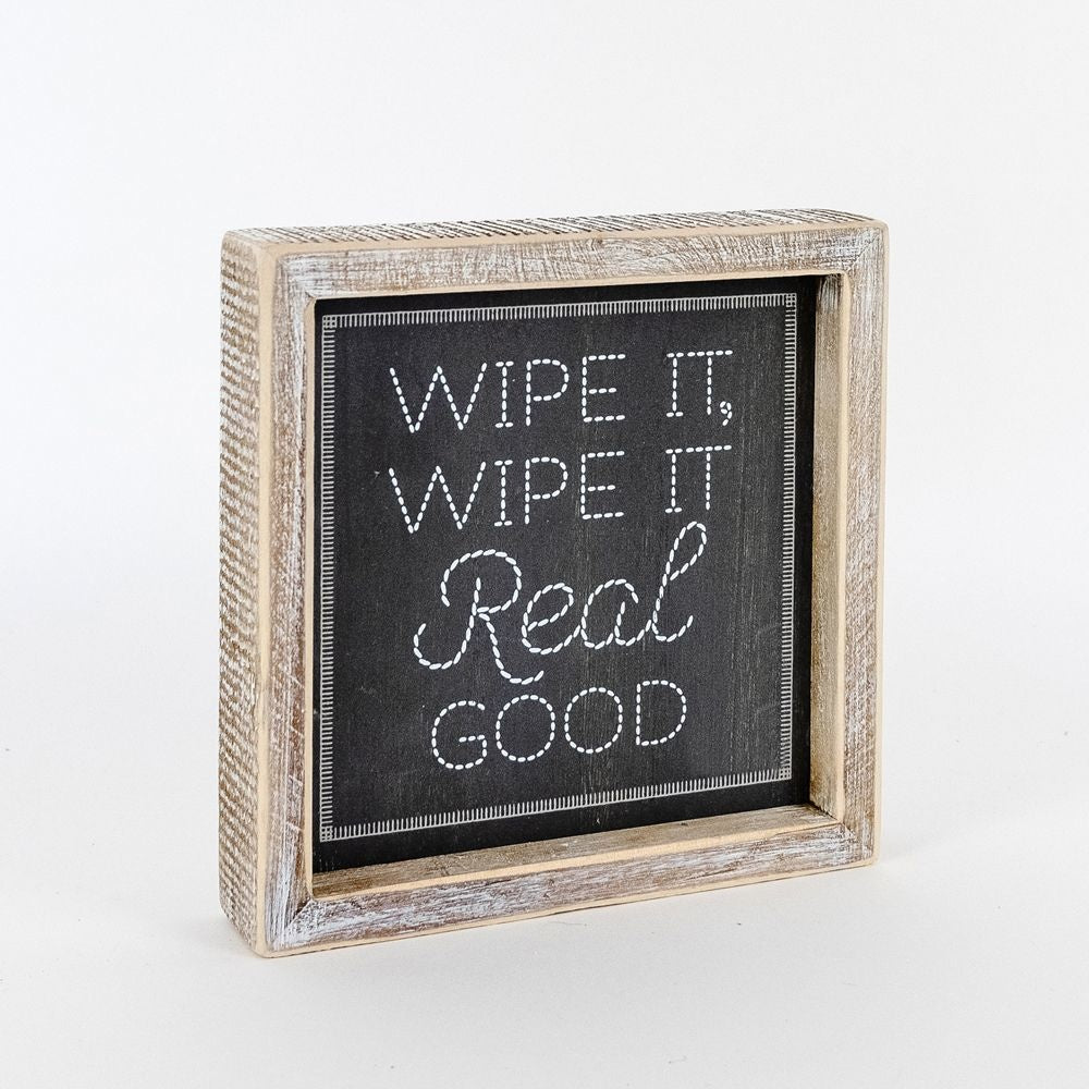 7" x 7" Reversible Framed Wood Sign ("Wipe It Real Good" / "Wash Your Hands") - White/Grey