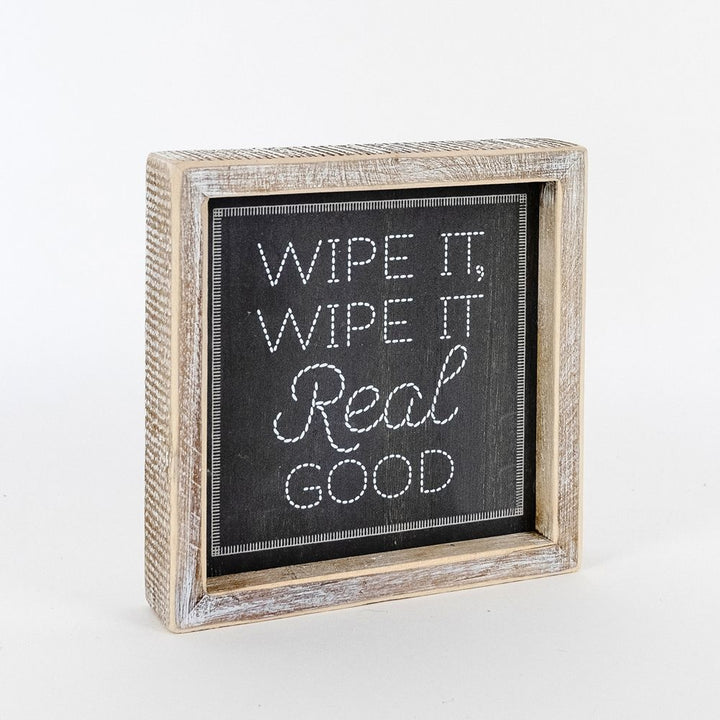 7" x 7" Reversible Framed Wood Sign ("Wipe It Real Good" / "Wash Your Hands") - White/Grey