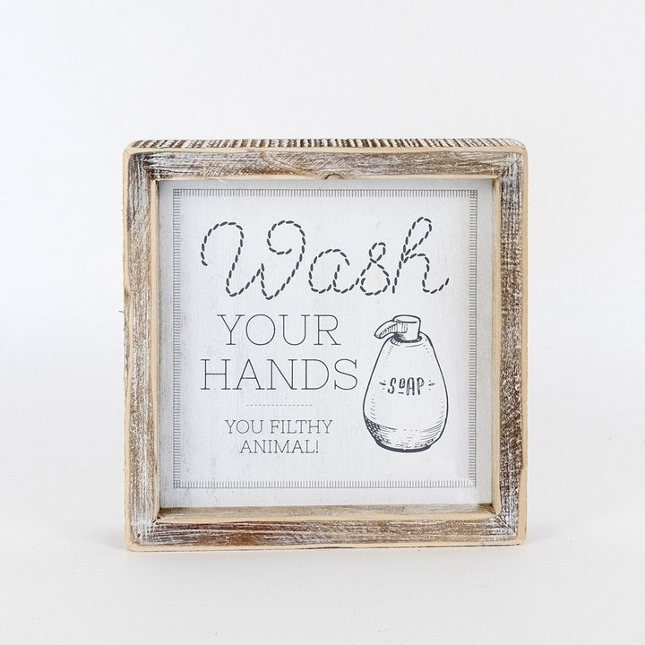 7" x 7" Reversible Framed Wood Sign ("Wipe It Real Good" / "Wash Your Hands") - White/Grey