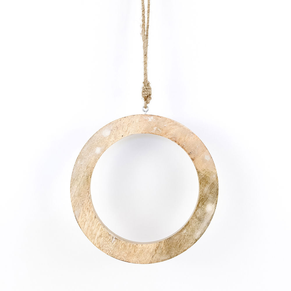 8" x 8" Circle Mango Wood Hanging Ornament - Natural/White