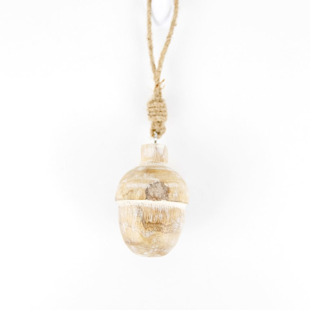 Mango Wood Acorn Ornament in Natural White