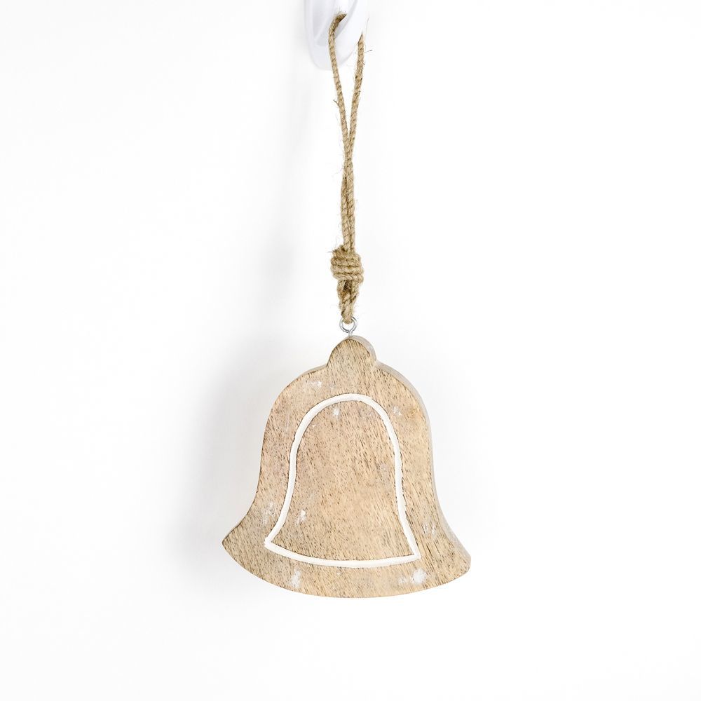 5" x 5" Bell Mango Wood Hanging Ornament - Natural/White