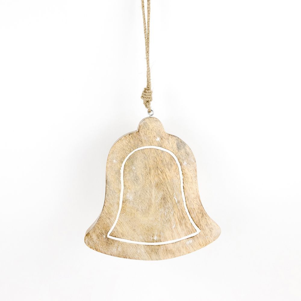 8" x 8" Bell Mango Wood Hanging Ornament - Natural/White