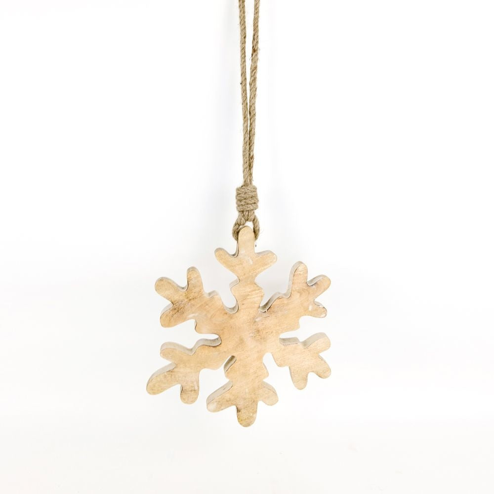 12" x 12" Snowflake Mango Wood Hanging Ornament - Natural/White