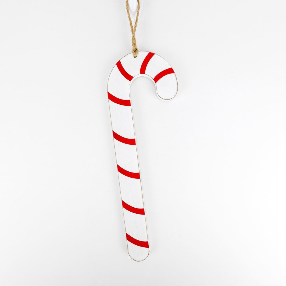 4" x 12" Double-Sided Candy Cane Wood Ornament - White/Red