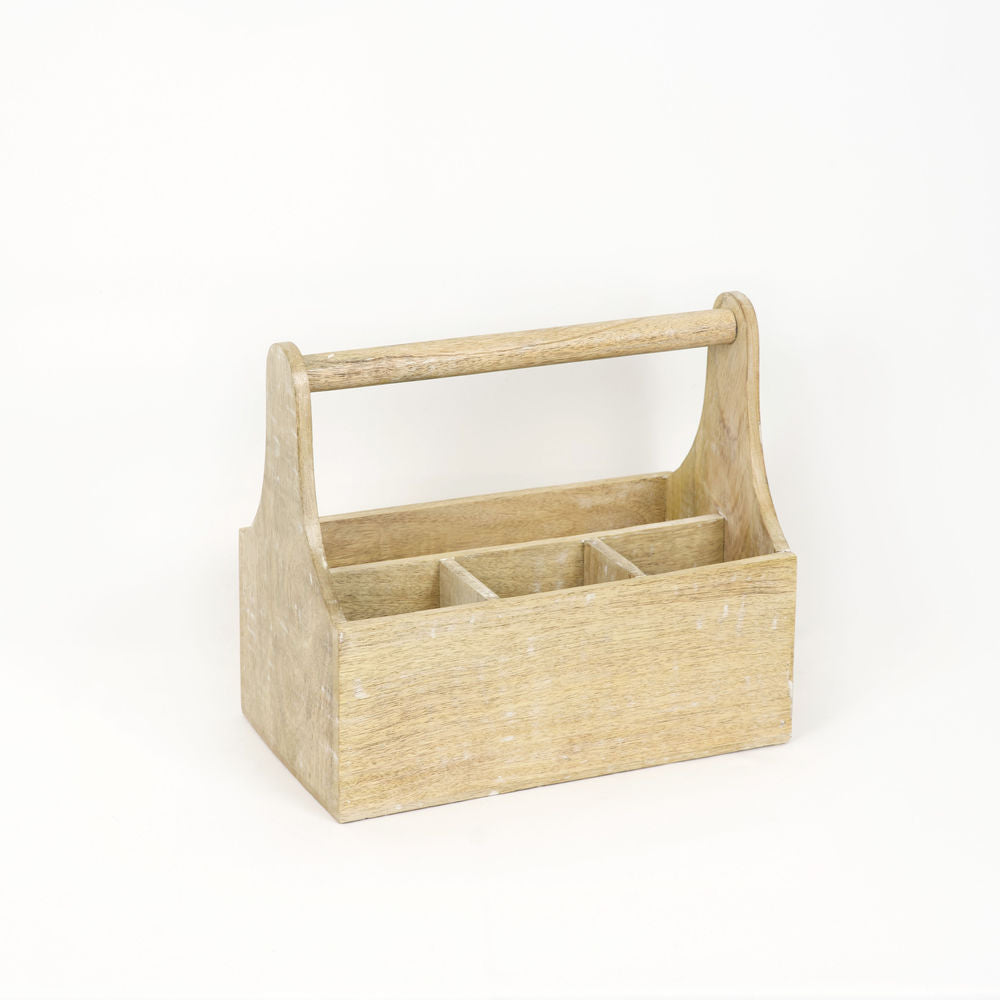 14" Mango Wood Caddy with Handle - Natural White