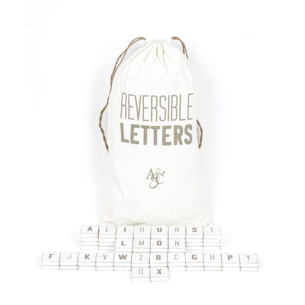 70-Piece Reversible Wood Letter Tiles Set with Storage Bag (2" x 2") - White/Grey