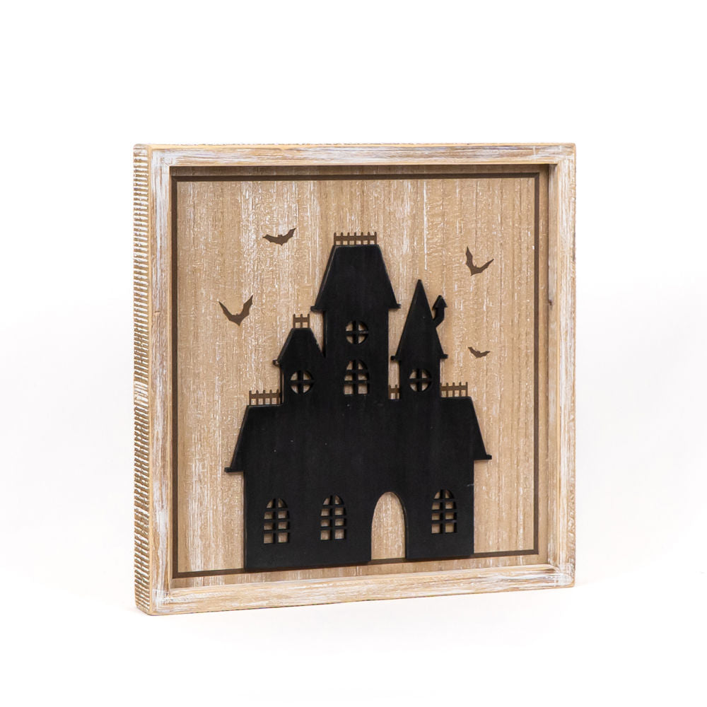 13" x 13" x 1.5" Reversible Wood Wall Art (HAUNTED/CASTLE)
