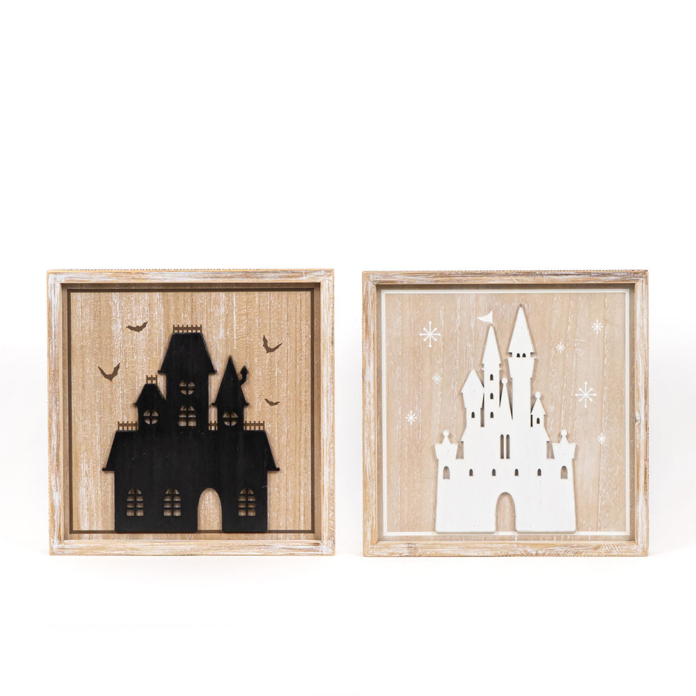 13" x 13" x 1.5" Reversible Wood Wall Art (HAUNTED/CASTLE)