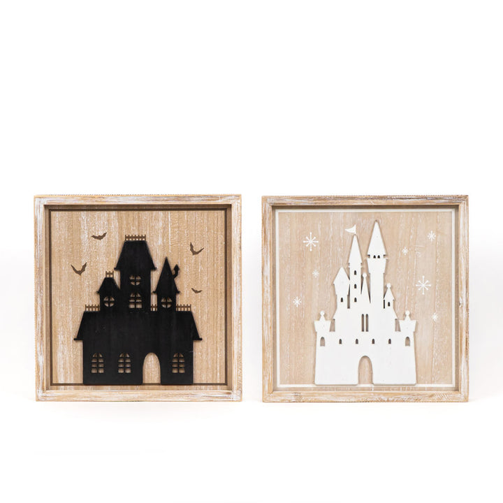 13" x 13" x 1.5" Reversible Wood Wall Art (HAUNTED/CASTLE)