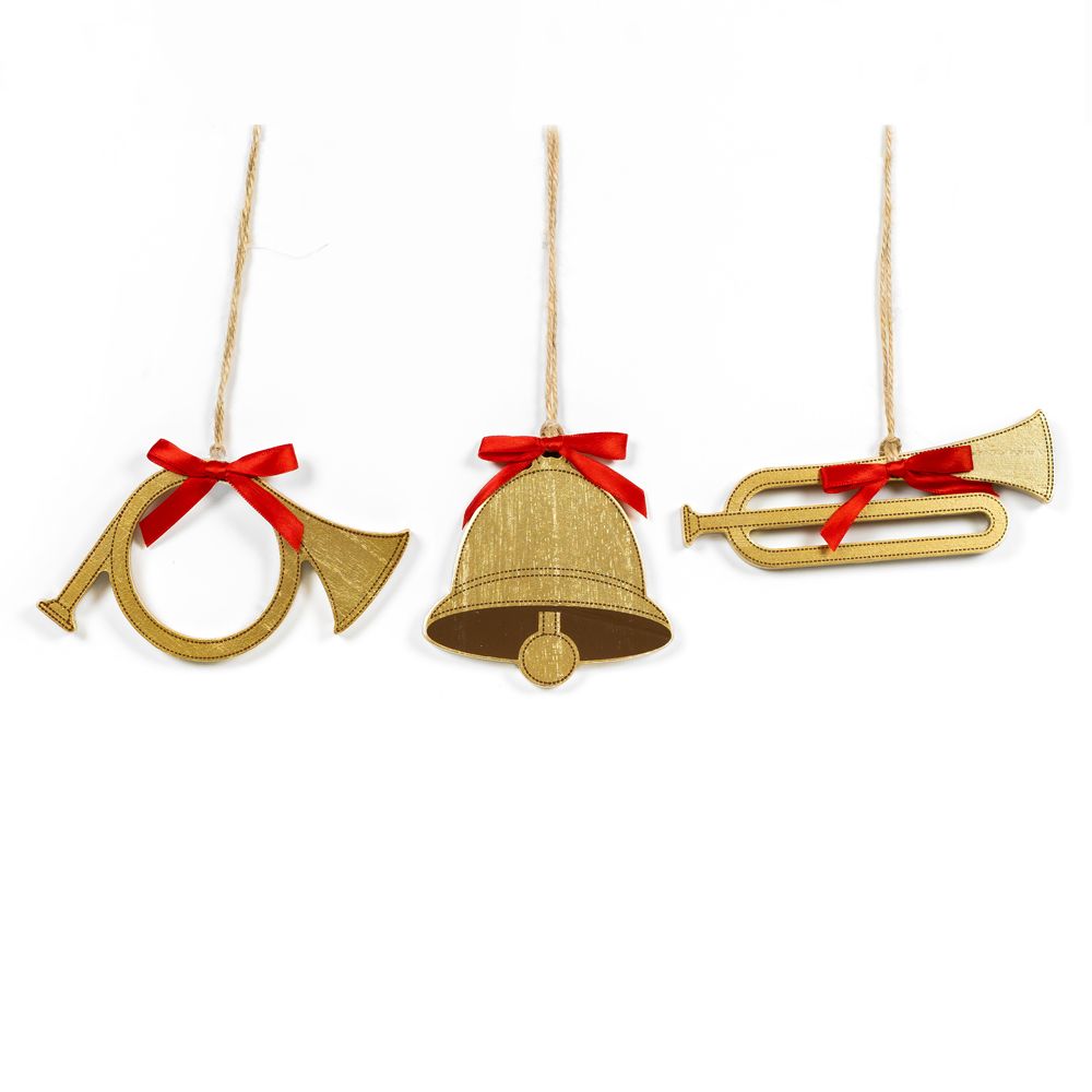 Wood Holiday Ornament Set - Horns & Bell