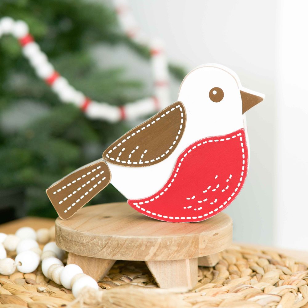 8" Reversible Wood Bird Decor - Multi-Color Holiday Accent