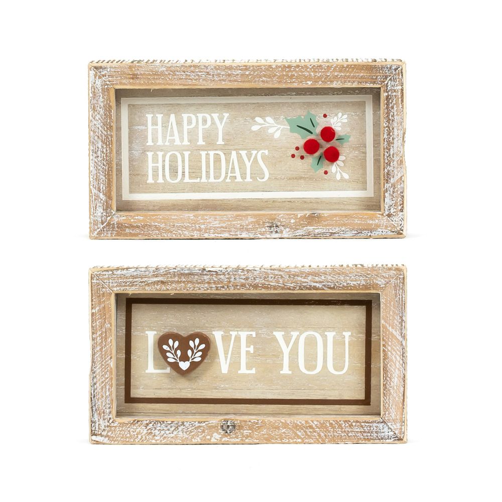 7" x 4" x 1.5" Reversible Wood Frame Sign (Happy Holidays / Love You).