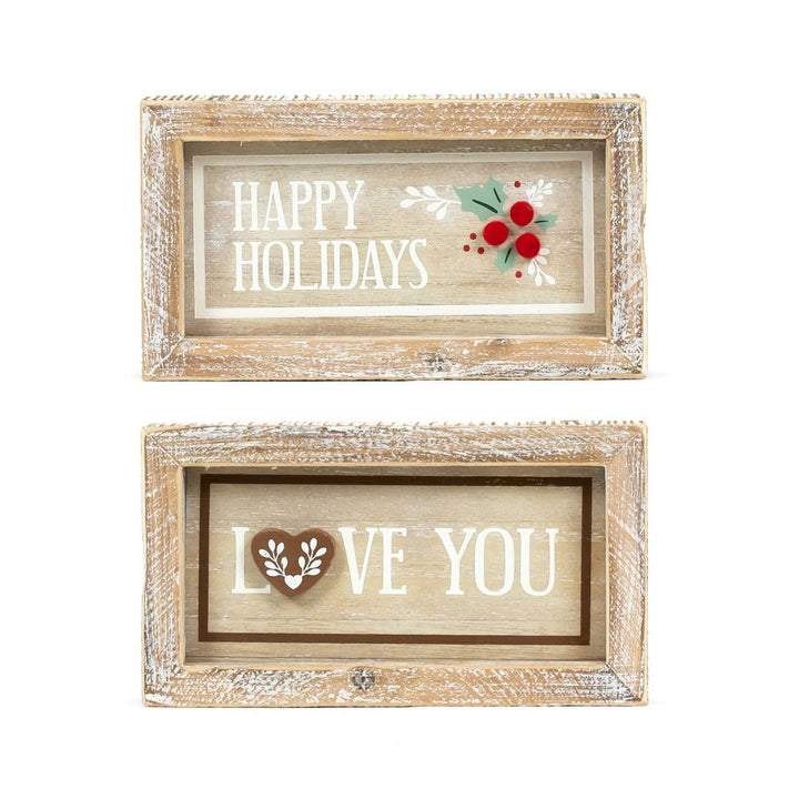 7" x 4" x 1.5" Reversible Wood Frame Sign (Happy Holidays / Love You).