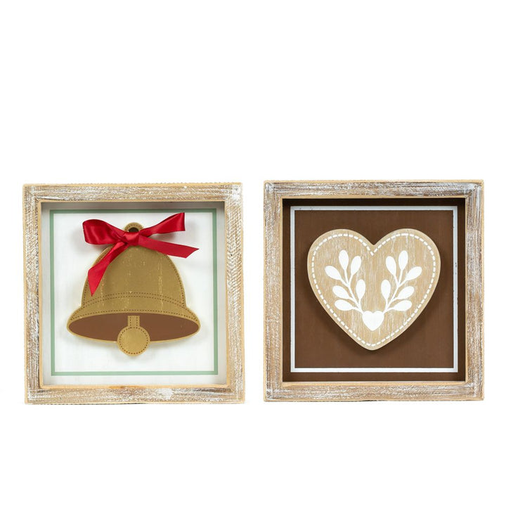 7" x 7" x 1.5" Reversible Wood Wall Art (Bell / Heart)
