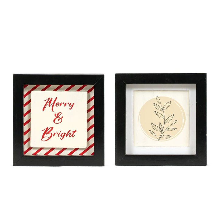 5" x 5" x 1.5" Reversible Wood Wall Art (Merry / Plant)