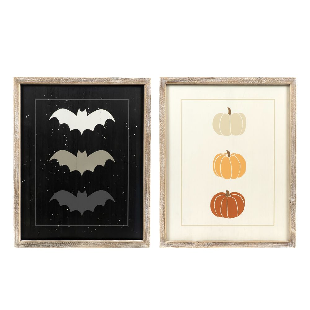 16" x 20" x 1.5" Reversible Wood Wall Art (Bat / Pumpkin).