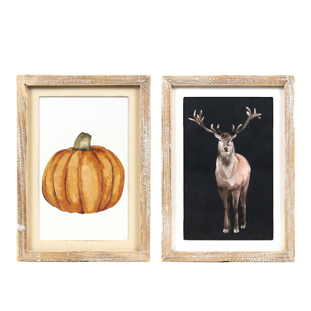 10x13 Reversible Wood Frame Sign - Reindeer & Pumpkin