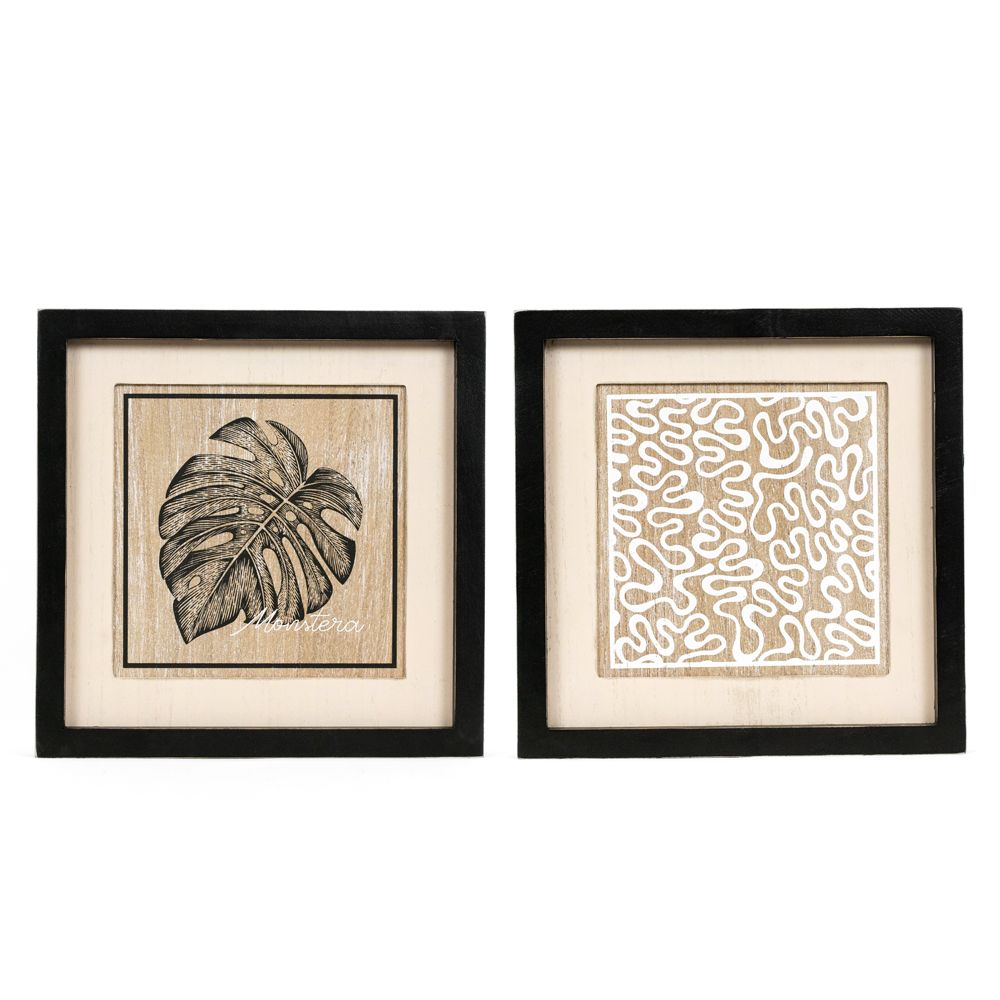 12x12 Reversible Wood Frame Sign - Monstera & Squiggle