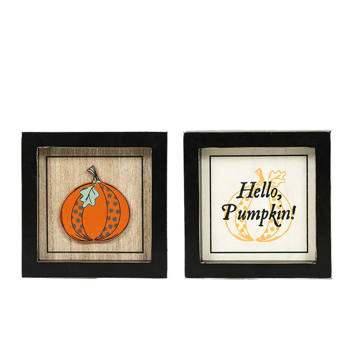 5" x 5" x 1.5" Reversible Wood Frame Wall Art (Pumpkin / Hello)