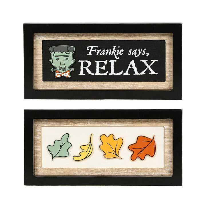 13" x 6" x 1.5" Reversible Wood Frame Wall Art (Relax / Leaves)