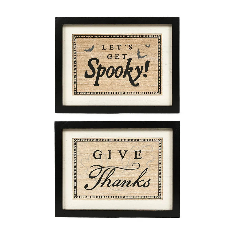 13" x 10" x 1.5" Reversible Wood Frame Sign (Spooky / Thanks).
