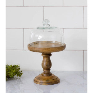 Wood Cake Stand with Glass Dome - 11.25"x7"