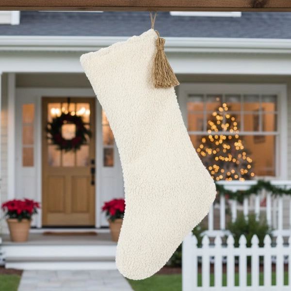 Cotton Christmas Stocking with Tassel - White & Brown